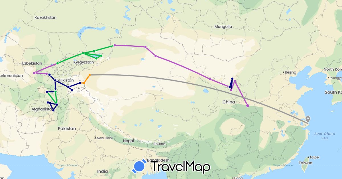 TravelMap itinerary: driving, bus, plane, train, hitchhiking in Afghanistan, China, Kyrgyzstan, Kazakhstan, Tajikistan, Uzbekistan (Asia)